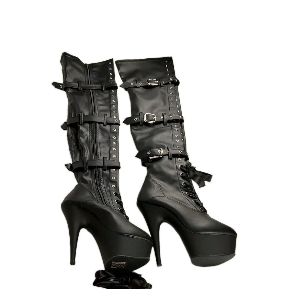 Pleaser Delight 3028 Womens 6 Black Thigh High Platform Boots Buckle 6" Heel